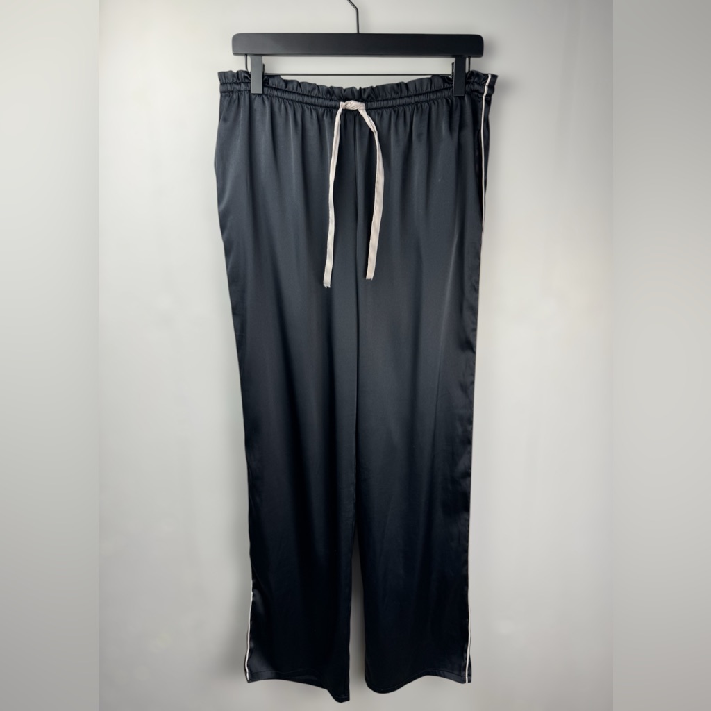 Victoria’s Secret Women Black Wide Leg Satin Track Pant Pajama Bottoms Piping M